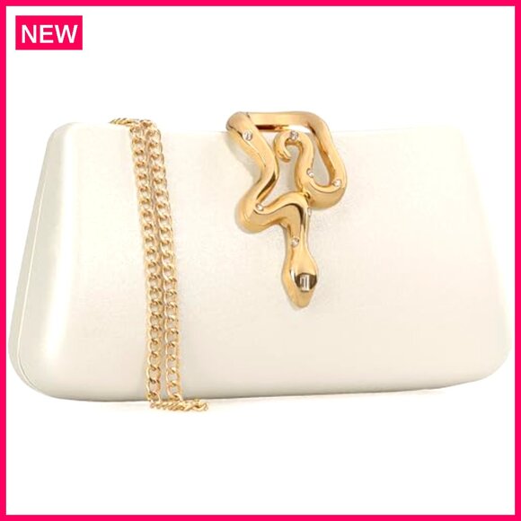Formal Evening Clutch with Detachable Strap, Snake Clasp, Synthetic Leather